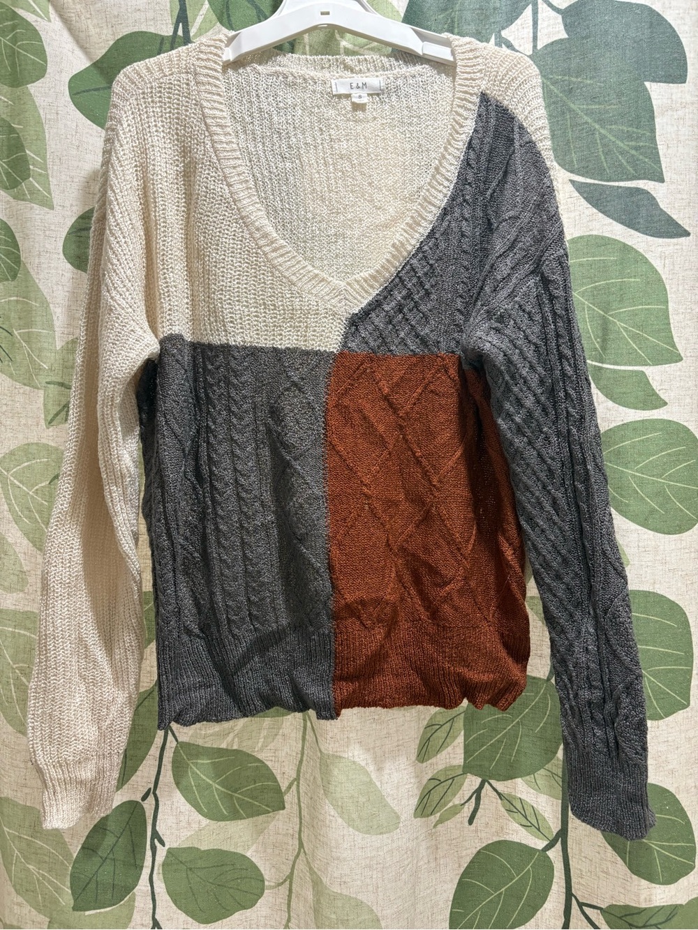Colorblock Cable-Knit V-Neck Sweater — Cream, Gray & Brown